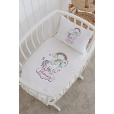 Lilabio Isme Özel %100 Pamuk Lastiksiz Park Yatak Çarşaf Seti (100X120) Gökkuşağı Unicorn