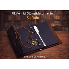 Beyaz Jel Kalem ve Siyah Yapraklı Deri Hatıra Defteri-Hediyelik Set