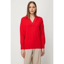 On Fashion Kadın Yakası Zincirli Polo Yaka Kırmızı Kazak 66336