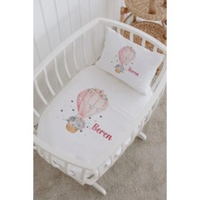 Lilabio Isme Özel %100 Pamuk Lastiksiz Park Yatak Çarşaf Seti (100X120) Pembe Balonlu Fil