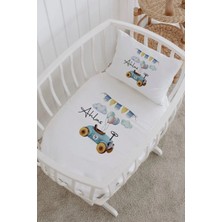 Lilabio Isme Özel %100 Pamuk Lastiksiz Park Yatak Çarşaf Seti (100X120) Buluttaki Araba