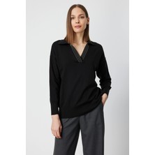 On Fashion Kadın Yakası Zincirli Polo Yaka Siyah KAZAK 66336