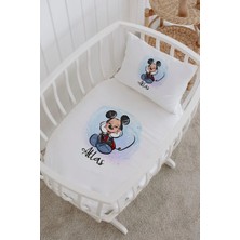 Lilabio Isme Özel %100 Pamuk Lastiksiz Park Yatak Çarşaf Seti (100X120) Mavi Mickey