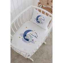 Lilabio Isme Özel %100 Pamuk Lastiksiz Park Yatak Çarşaf Seti (100X120) Mavi Aydaki Fil