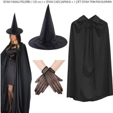 Zero Land Storozde 120 cm Siyah Yakalı Cadı Pelerini Cadı Şapkası ve 1 Çift Siyah Kısa File Tüm Eldiven Seti 3 Parça