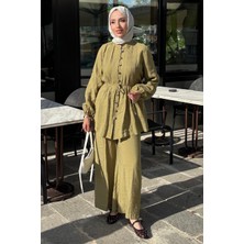 Tesettür Diyarı Düğmeli Tunikli Yazlık Kumaş Tril Tril Takım - Yağ Yeşili