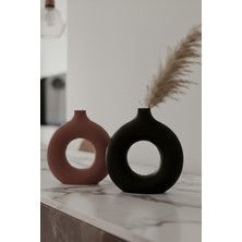 Safir Design Modern Mat Bordo & Siyah 2'li Donut Vazo Seti, Doğal Pampas Otu Hediyeli Dekoratif Obje Takımı