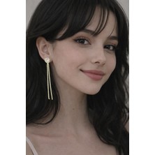 No Name Gold Ince Taşlı Kalp Uzun Abiye Kadın Küpe