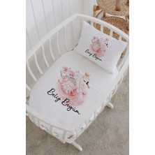 Lilabio Isme Özel %100 Pamuk Lastiksiz Park Yatak Çarşaf Seti (100X120) Pembe Kuğu