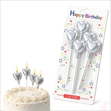 Süsle Bebek ve Parti Çubuklu Metalik Gümüş Kalp Mum - 13 cm x 4 Adet