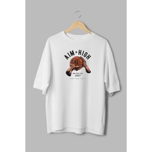 Overoz Aim High Basketbol Baskılı Yarı Oversize Beyaz T-Shirt 1091