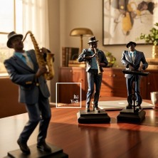 İki Yedi Konsept Cocles Jazz Müzisyen Biblo Seti 3’lü, Saksafon Klarnet Piyano Figür Ev Ofis Dekor Hediye Obje Lüks