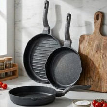 Oms 3738 Biogranit Döküm Grill Ergonomik Saplı 3 Parça Tava Seti Gri 20-24-28CM