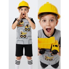 Denokids Erkek Çocuk Takım Inşaat Araşları Baskılı T-Shirt Siyah Şort Yazlık Takım