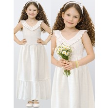 Denokids Kız Çocuk Beyaz Elbise Uzun Boy Fırfırlı Yazlık 4-10 Yaş