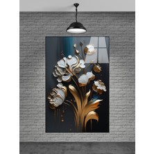 Beta Moda Hub Altın Renkli Beyaz Çiçekler Cam Tablo