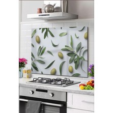 Beta Moda Hub Cam Ocak Arkası Koruyucu Tezgah Ankastre Arkası Koruyucu 60X52 cm | Zeytin Dalı Temalı