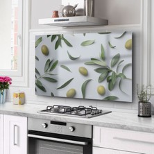 Beta Moda Hub Cam Ocak Arkası Koruyucu Tezgah Ankastre Arkası Koruyucu 76X49,5 cm | Zeytin Dalı Temalı