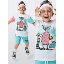 Denokids Erkek Çocuk Takım Canavar Baskılı %100 Pamuk T-Shirt Pamuk Şort Yazlık Takım