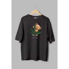 Overoz Teddy Bear Stay High Baskılı Yarı Oversize Siyah T-Shirt 1069