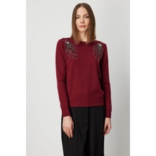 On Fashion Kadın Omzu Aksesuarlı Balıkçı Yaka Bordo Kazak 63314