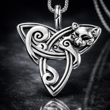Çelik Triquetra Sembol Gotik Kelt Düğüm Kedi  Kolye