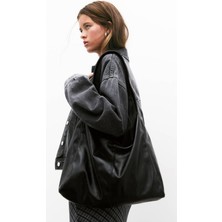 Ebrou Kadın Siyah Büyük Boy Salaş Omuz ve Tote Çanta - Geniş Hacim