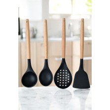 Lumindra Silikon Bambu Saplı 4 Parça Mutfak Servis Seti Siyahrengi (Kepçe-Kaşık-Kevgir-Spatula)