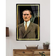 Beta Moda Hub Gold Şeritli Mustafa Kemal Atatürk Portresi Cam Tablo, Darbelere Dayanıklı Kırılmaz Temperli
