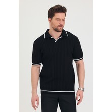 Tarz Cool Erkek Yaka Kol Etek Beyaz Çizgi Detaylı Siyah Triko T-Shirt