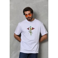 Indispensablely Unisex Bisiklet Yaka Baskılı Oversize T-Shirt - Beyaz