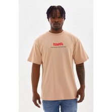Indispensablely Unisex Baskılı Oversize T-Shirt - Bej