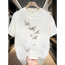 Indispensablely Baskılı Oversize Bisiklet Yaka T-Shirt - Beyaz