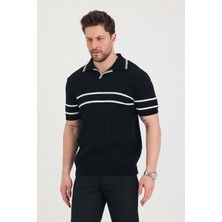 Tarz Cool Erkek Yaka Kol Göğüs Beyaz Çizgi Detaylı Siyah Triko T-Shirt