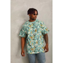 Indispensablely Unisex Oversize Baskılı Bisiklet Yaka T-Shirt - Mint Yeşili