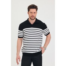 Tarz Cool Erkek Polo Yaka Beyaz Çizgi Detaylı Siyah Triko T-Shirt