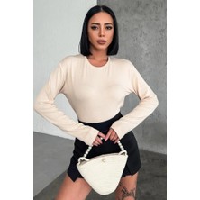 Indispensablely Rahat ve Şık Uzun Kollu Bisiklet Yaka Likralı Viskon Penye Body Bej