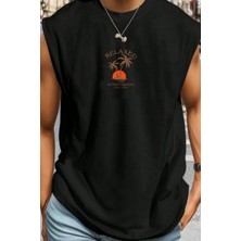 Tarz Cool Palmiye Ağaç Baskılı Beyaz Kolsuz Atlet Tshirt Erkek Sıfır Kol Oversize T-Shirt