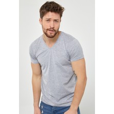 Tarz Cool Erkek Gri V Yaka Slim Fit Likralı T-Shirt VYKTSR05S
