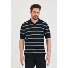 Tarz Cool Erkek Polo Yaka Beyaz Çift Çizgi Detaylı Siyah Triko T-Shirt