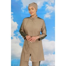 Veralya Moda Kadın Pantolonlu Kolu Şeritli Tam Tesettür Mayo Bej