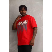 Indispensablely Unisex Baskılı Oversize T-Shirt - Kırmızı