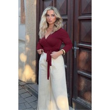 Tarz Cool Kadın Lacivert Kruvaze Yaka Uzun Kollu Bağlamalı Slim Fit Bluz