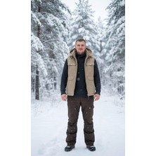 Hamitogulları Koyu Bej Kapşonlu Torba Cepli ve Yan Cepli Polarlı Yelek