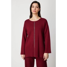 On Fashion Kadın Zincir Şeritli Bordo Kazak 63320