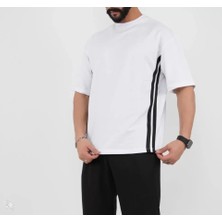 Indispensablely Unisex Oversize Yanları Şeritli T-Shirt - Beyaz