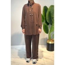 Lale Butik Pamuklu Zımba Detay Tunik Pantolon Takım 4417 Kahve