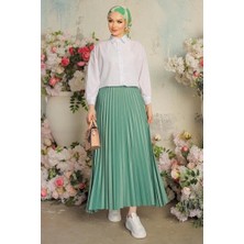 Indispensablely Zarif ve Pileli Parlak Krep Gizli Lastikli Mint Etek