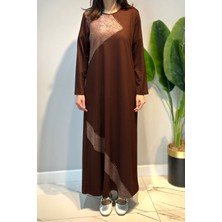 Lale Butik Penye Deri ve Taş Detaylı Elbise 45-82 Kahve