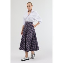 Moviment Lacivert-Kırmızı Aura Yüksek Bel A-Kesim Ekose Midi Etek